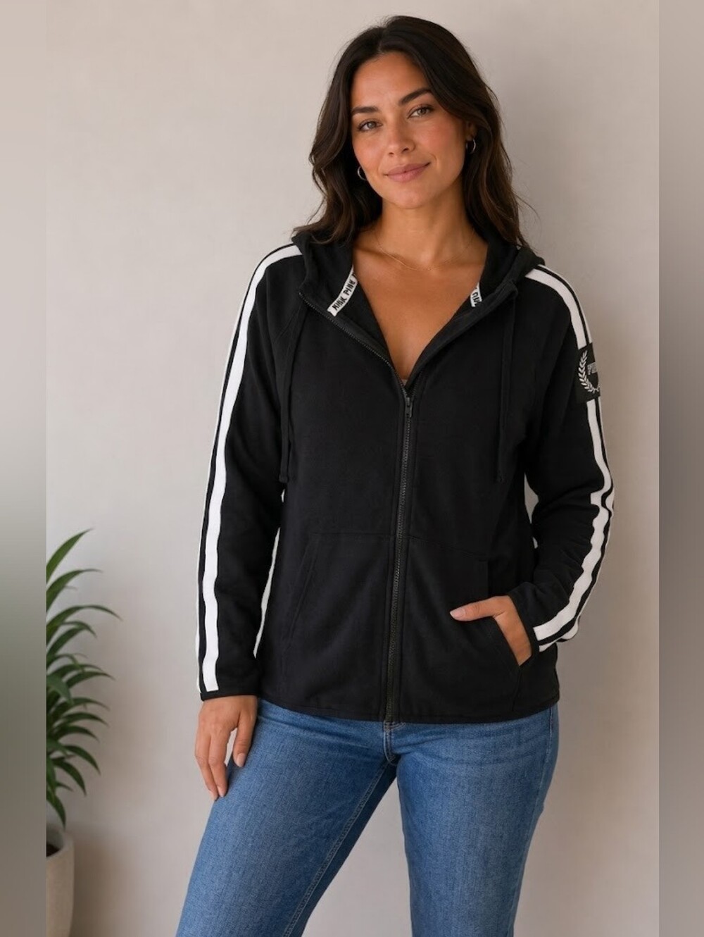 PINK Victoria's Secret Black Zip-Up Hoodie with White Stripes